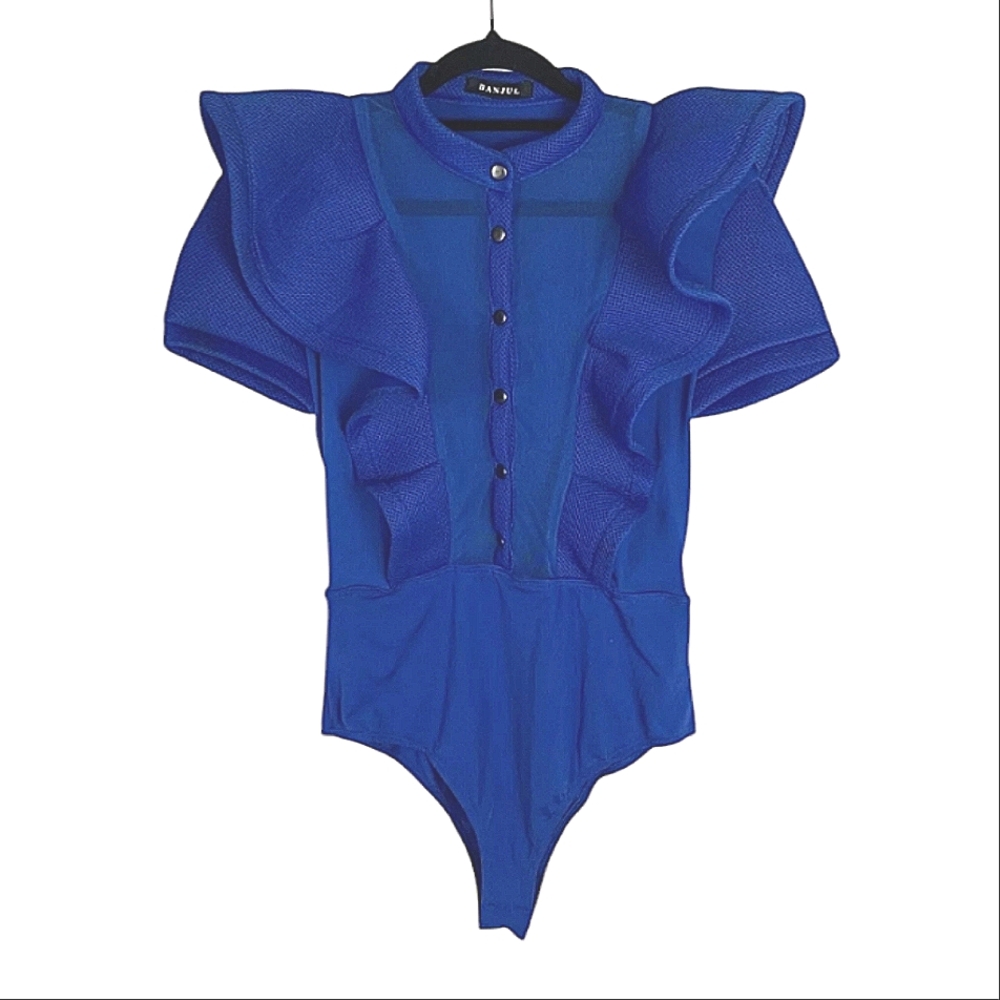 Banjul Ruffle Frill Mesh Chrome Button Up Blue Bodysuit